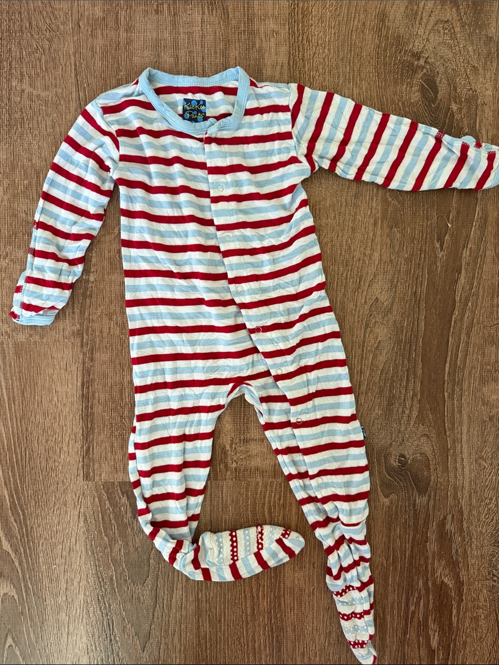 Bamboo  Kids One-Piece Footed Sleepwear - Red & Light Blue Stripes